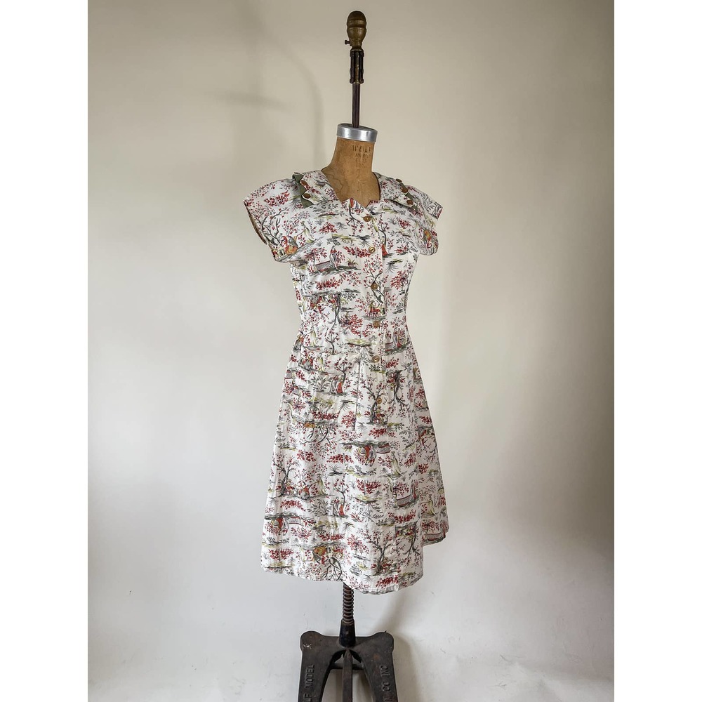 40s Vintage Ladies Strolling Homemade Novelty Print Dress Size 28w - Picture 4 of 11